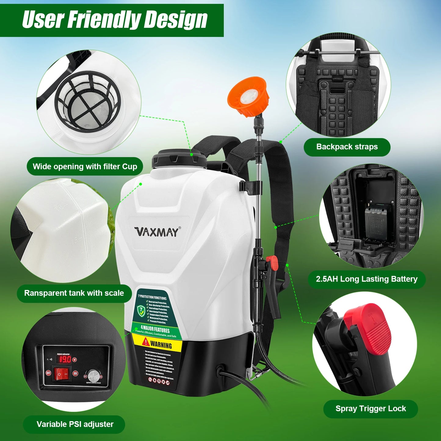 VAXMAY 16L Backpack Sprayer 4 Gallon Battery Powered Garden Sprayer 75 PSI Electric Sprayer 2.5Ah Battery&Charger included
