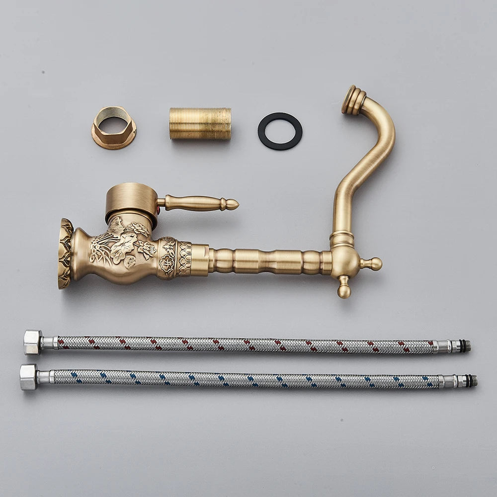 POIQIHY Basin Faucets Antique Brass Faucet Basin Carving Tap Rotation Single Handle Tap Mixer Taps Bathroom Vessel Sink Faucet