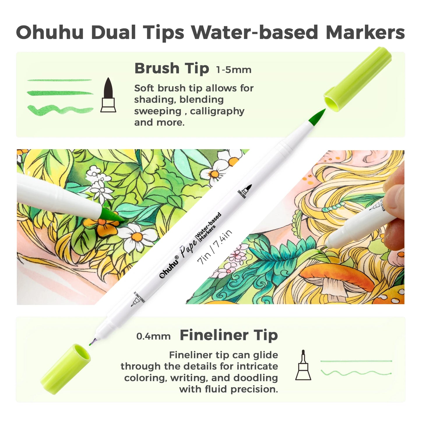 Ohuhu Markers Paper-friendly Water-based Coloring Markers Dual Brush Fineliner Tips Markers Coloring Books Art Markers Beginner