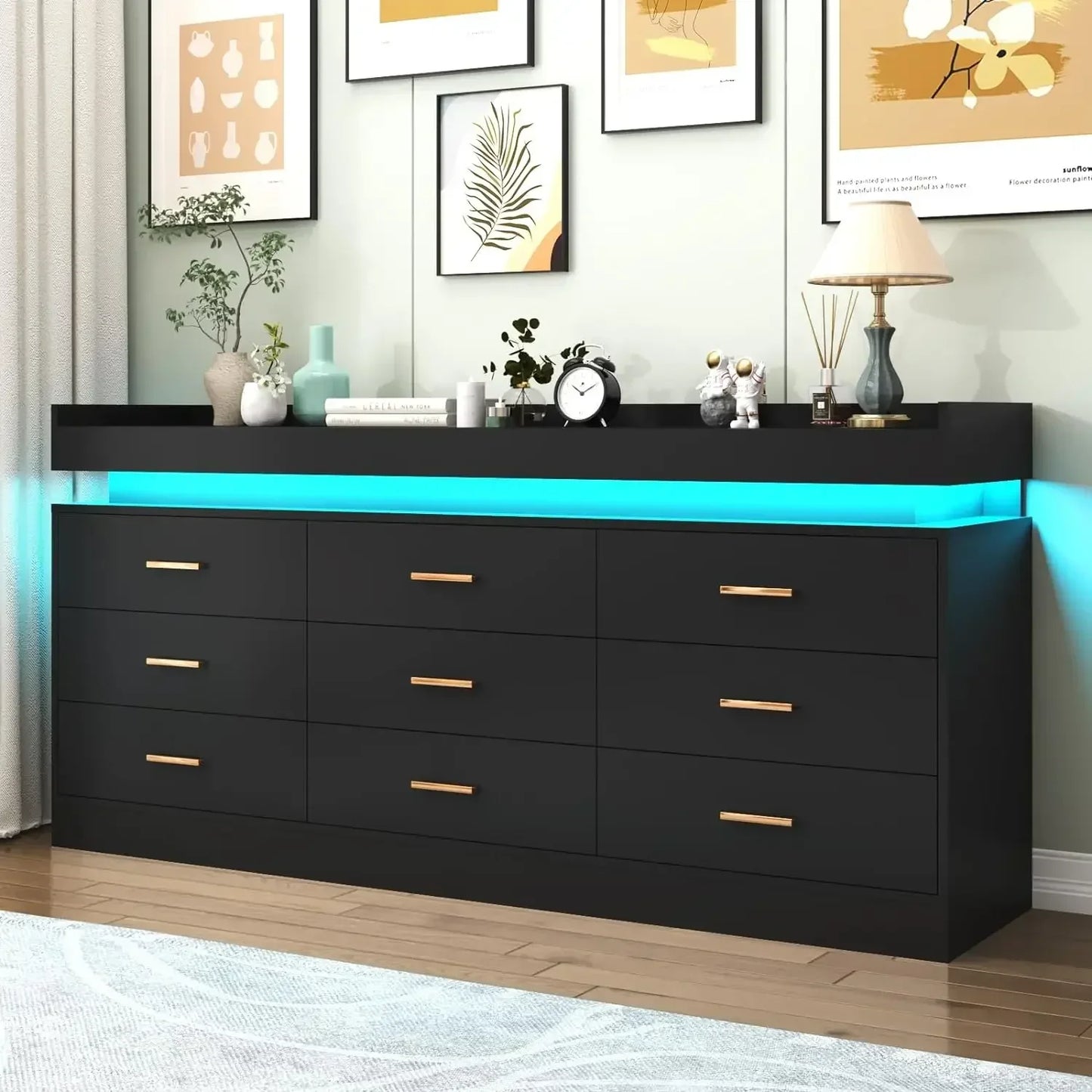 Modern Dresser 9 Wide Drawer Cabinet with LED Light