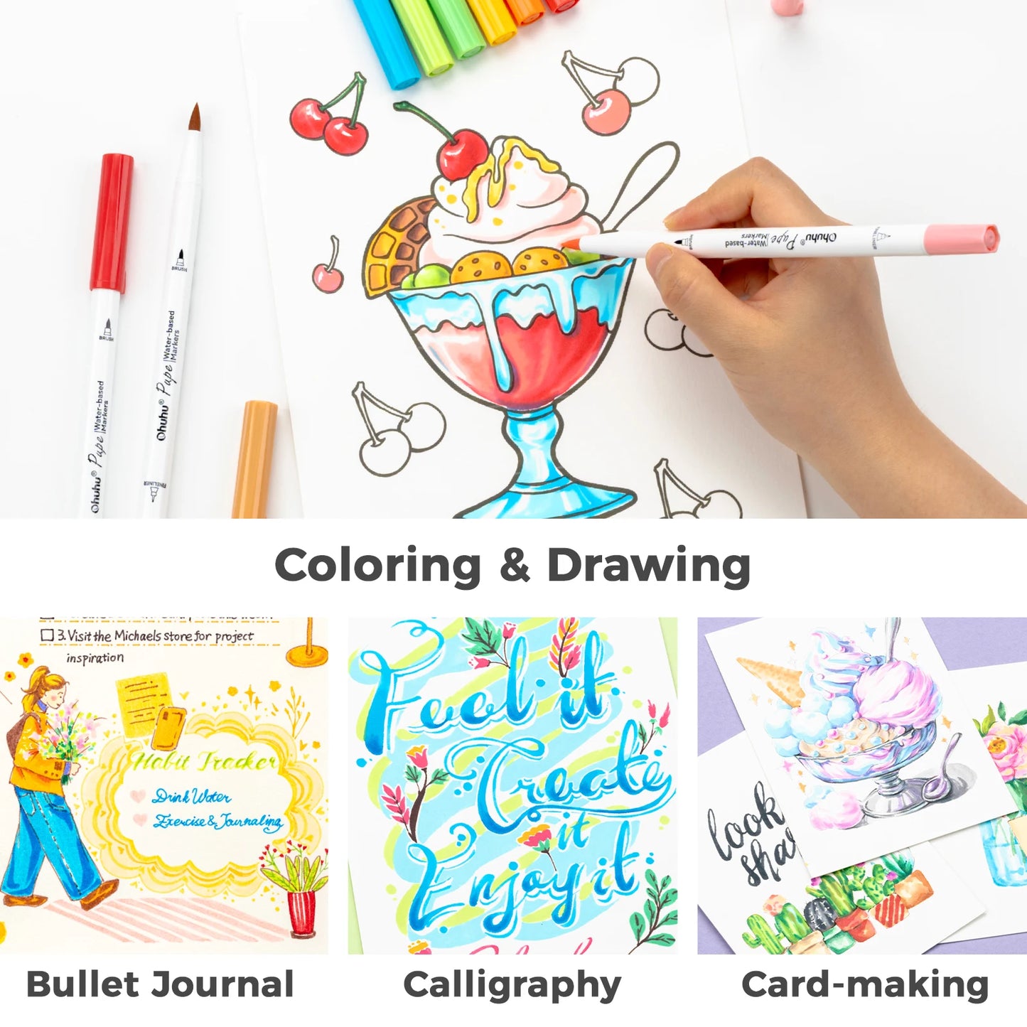 Ohuhu Markers Paper-friendly Water-based Coloring Markers Dual Brush Fineliner Tips Markers Coloring Books Art Markers Beginner