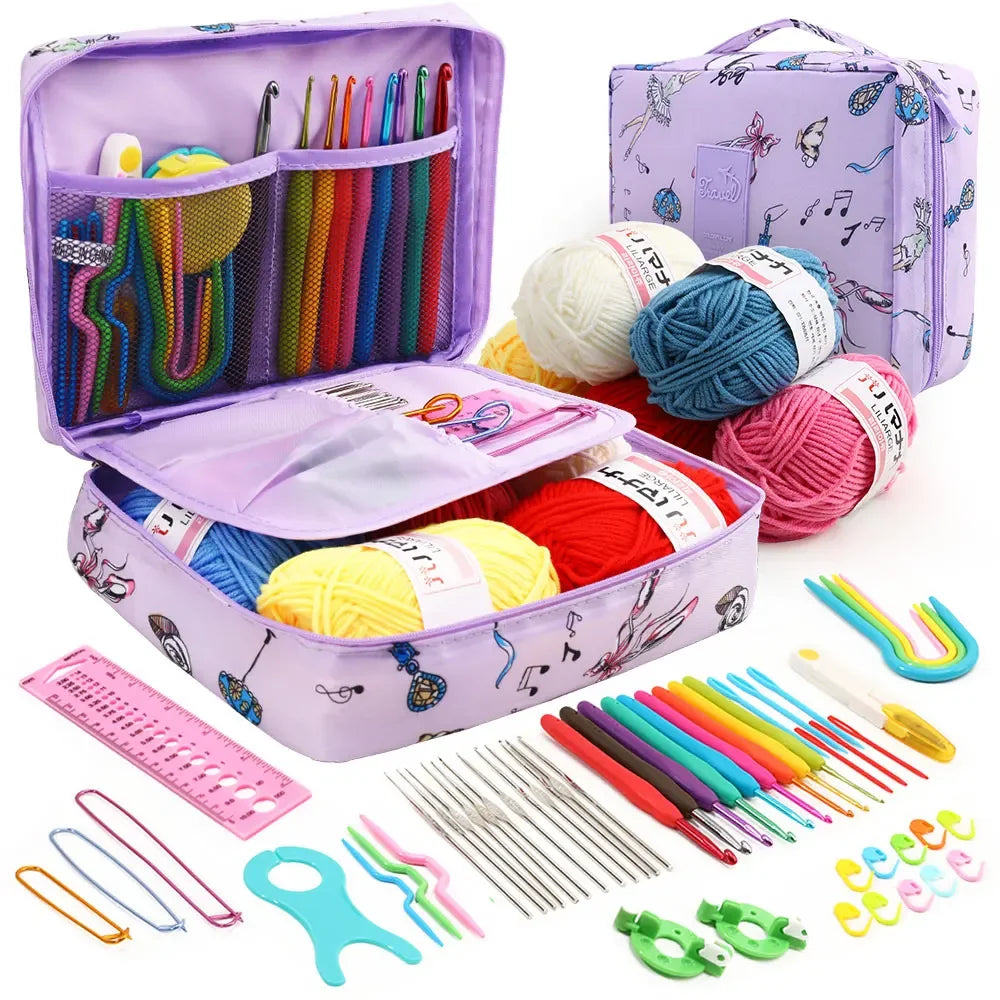 KOVEEN 59Pcs/Set Portable Crochet Knitting Set DIY Beginner Crochet Hook Kit With Storage Bag Material Pack and Storage Tools