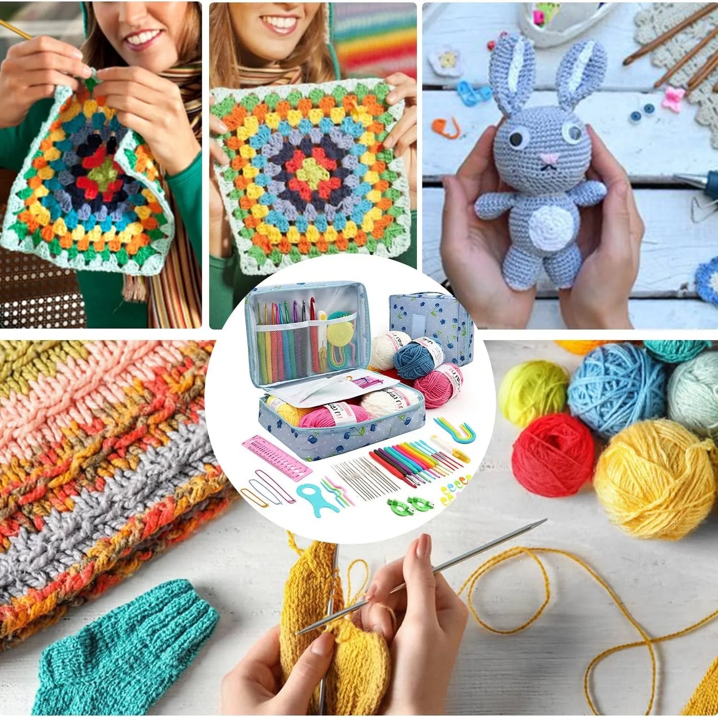 KOVEEN 59Pcs/Set Portable Crochet Knitting Set DIY Beginner Crochet Hook Kit With Storage Bag Material Pack and Storage Tools