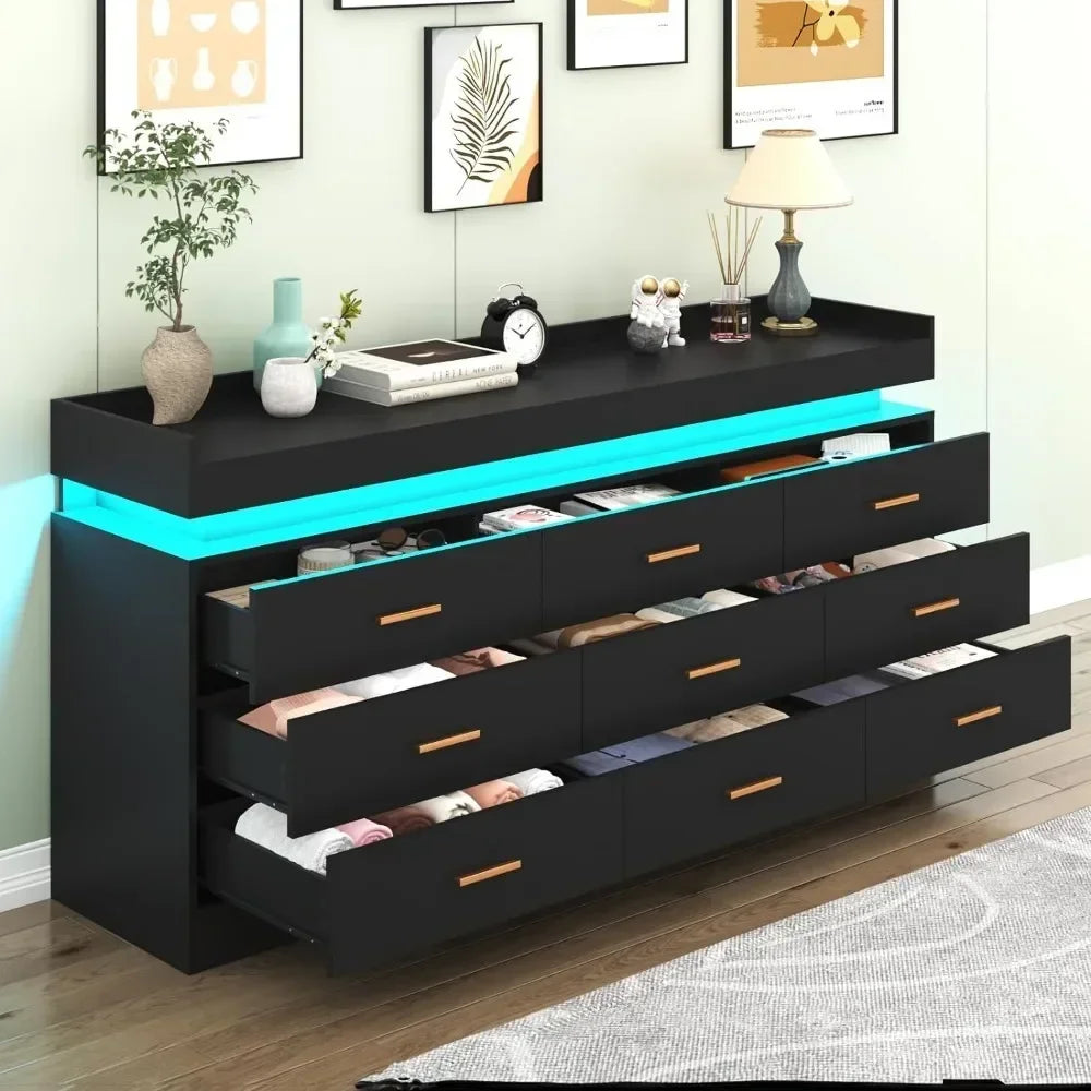 Modern Dresser 9 Wide Drawer Cabinet with LED Light