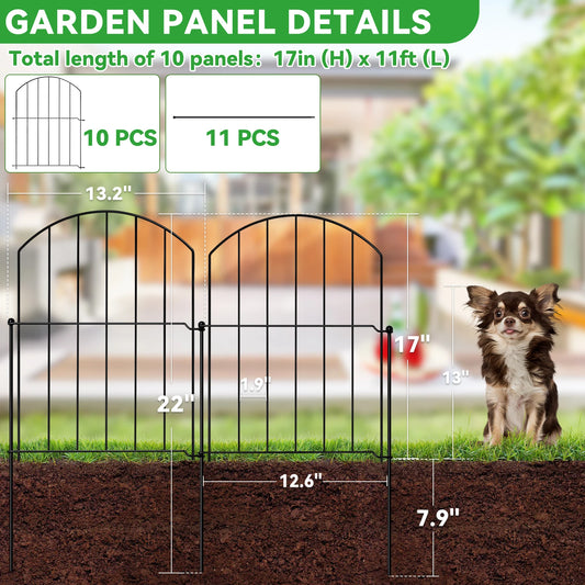 10 PCS, 17in(H) X 10ft(L) Arched No Dig Garden Fence Border with Metal Posts for Small Dog & Rabbit