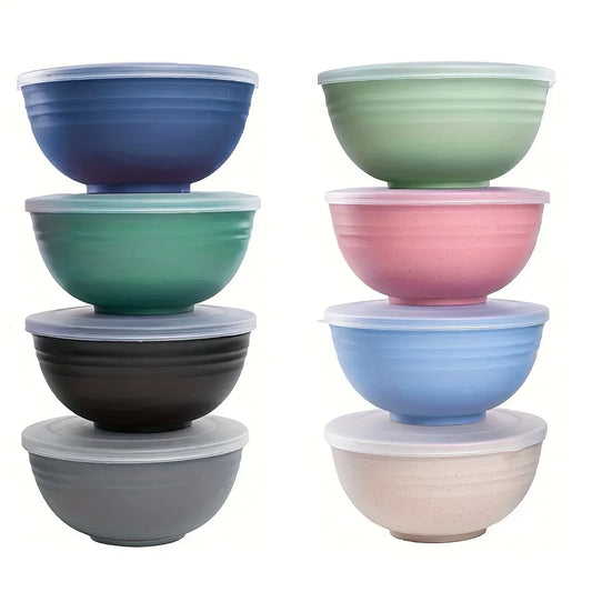 8 Piece Colorful 24 oz Wheat Straw Grain Bowl with Dust Cover