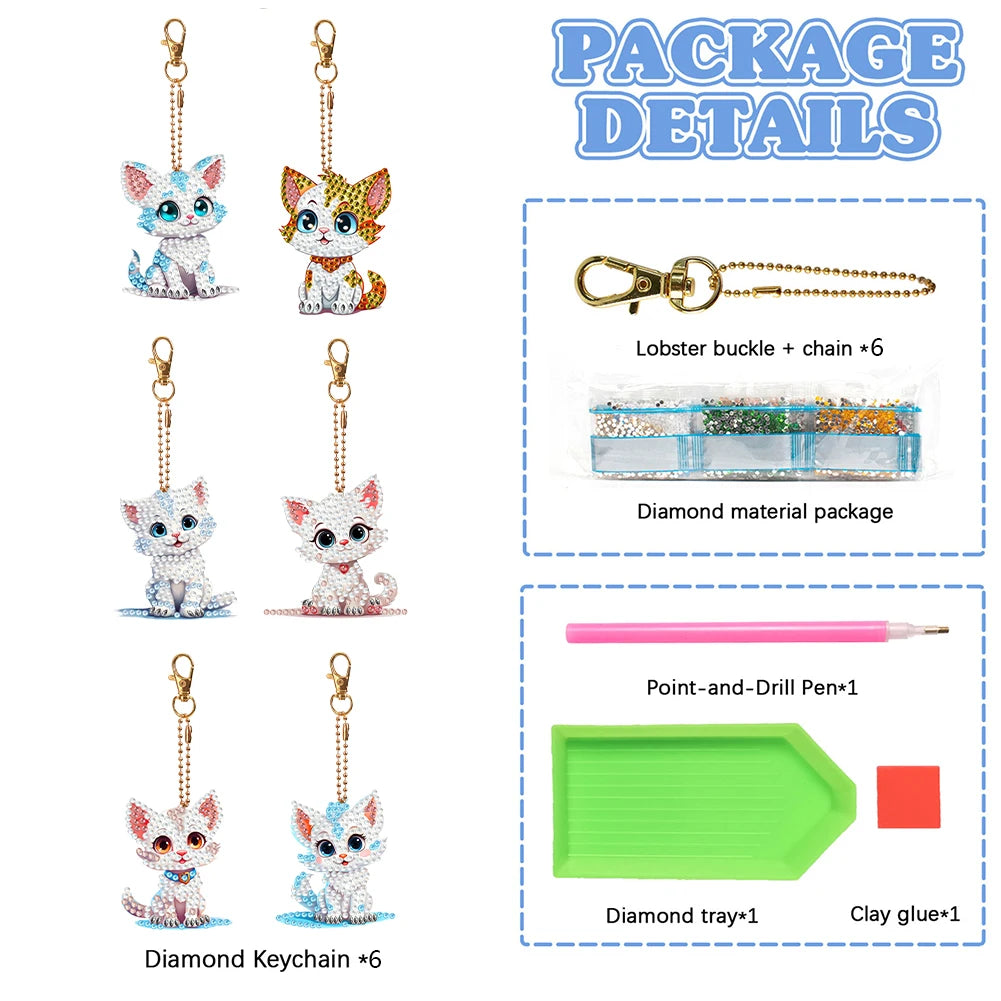 6PCS Diamond Art Cute Kitten Keychain Pendant Mandala