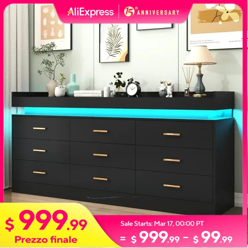 Modern Dresser 9 Wide Drawer Cabinet with LED Light