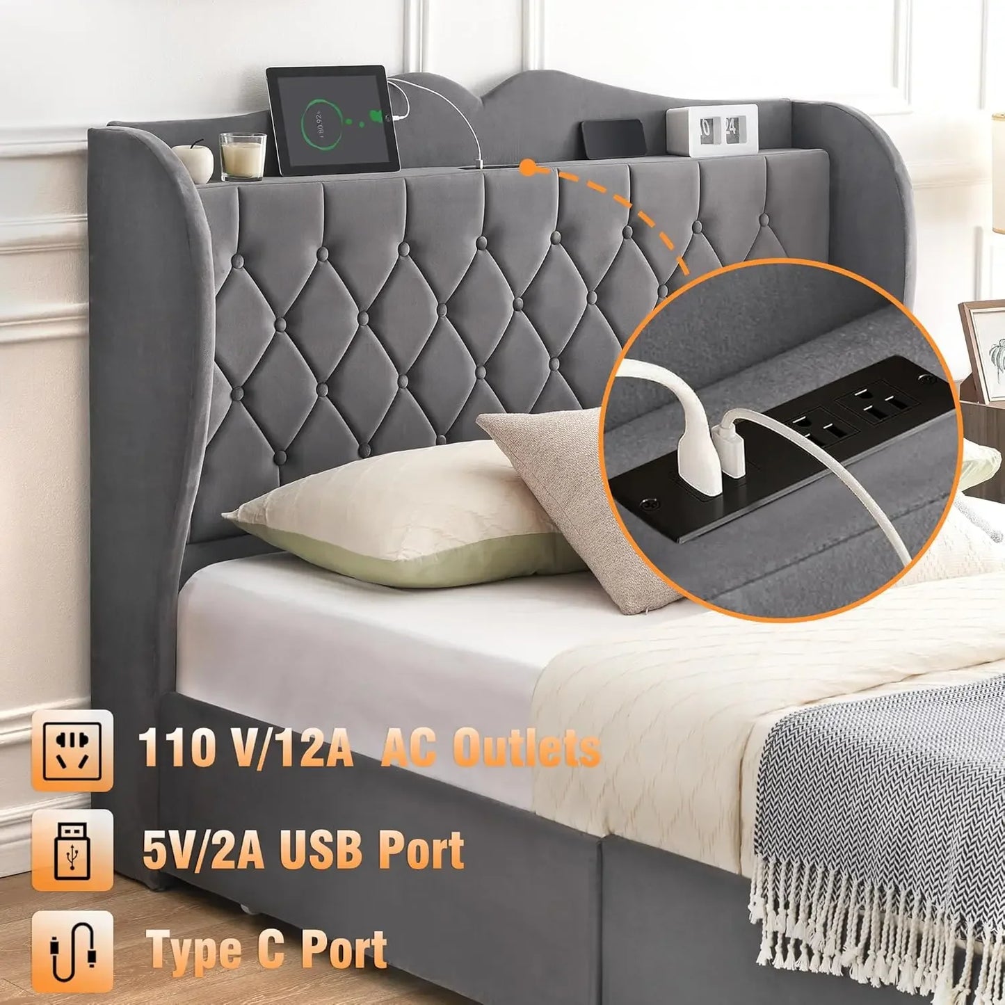 Velvet Upholstered Bed Frame, with 4 Drawers and Charging Station