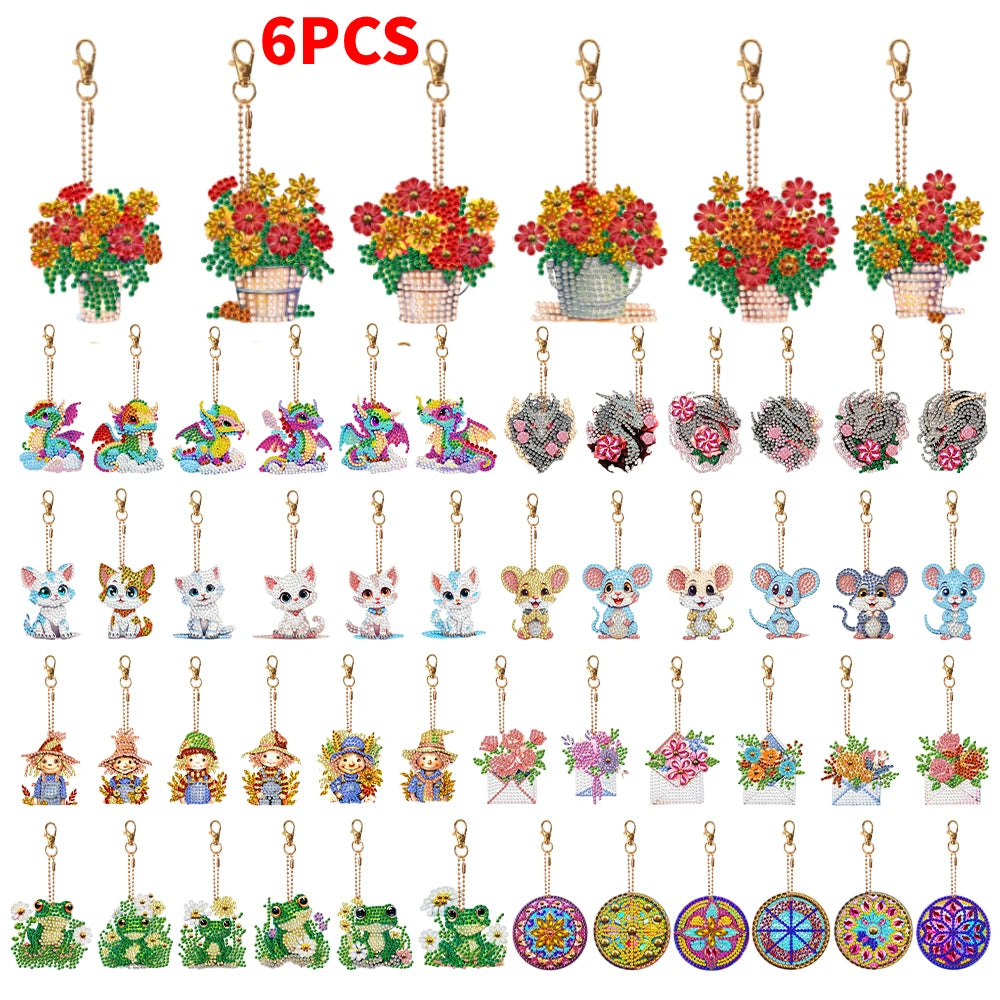 6PCS Diamond Art Cute Kitten Keychain Pendant Mandala
