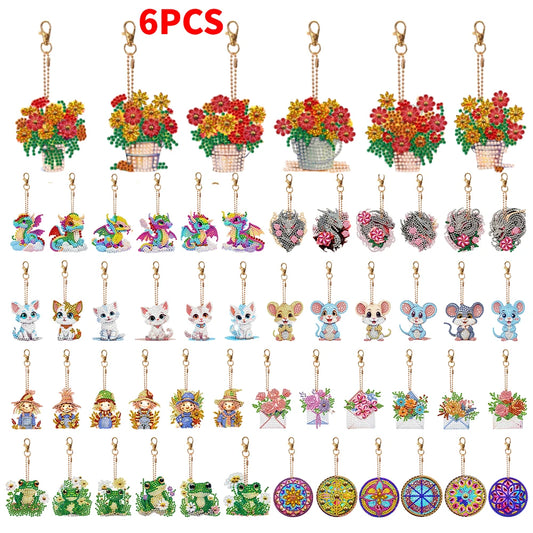 6PCS Diamond Art Cute Kitten Keychain Pendant Mandala