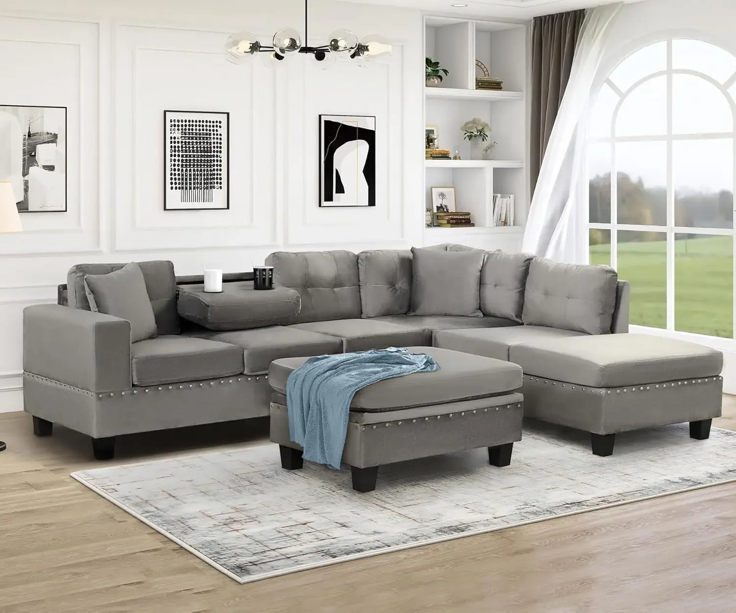 Sectional 5-Seater Sofa,107.5 Inch,with Reversible Chaise,with Ottoman,for Apartment, Living Room, L Shaped Couch