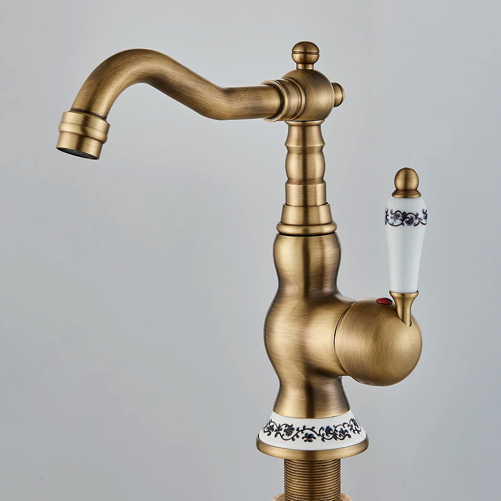 POIQIHY Basin Faucets Antique Brass Faucet Basin Carving Tap Rotation Single Handle Tap Mixer Taps Bathroom Vessel Sink Faucet