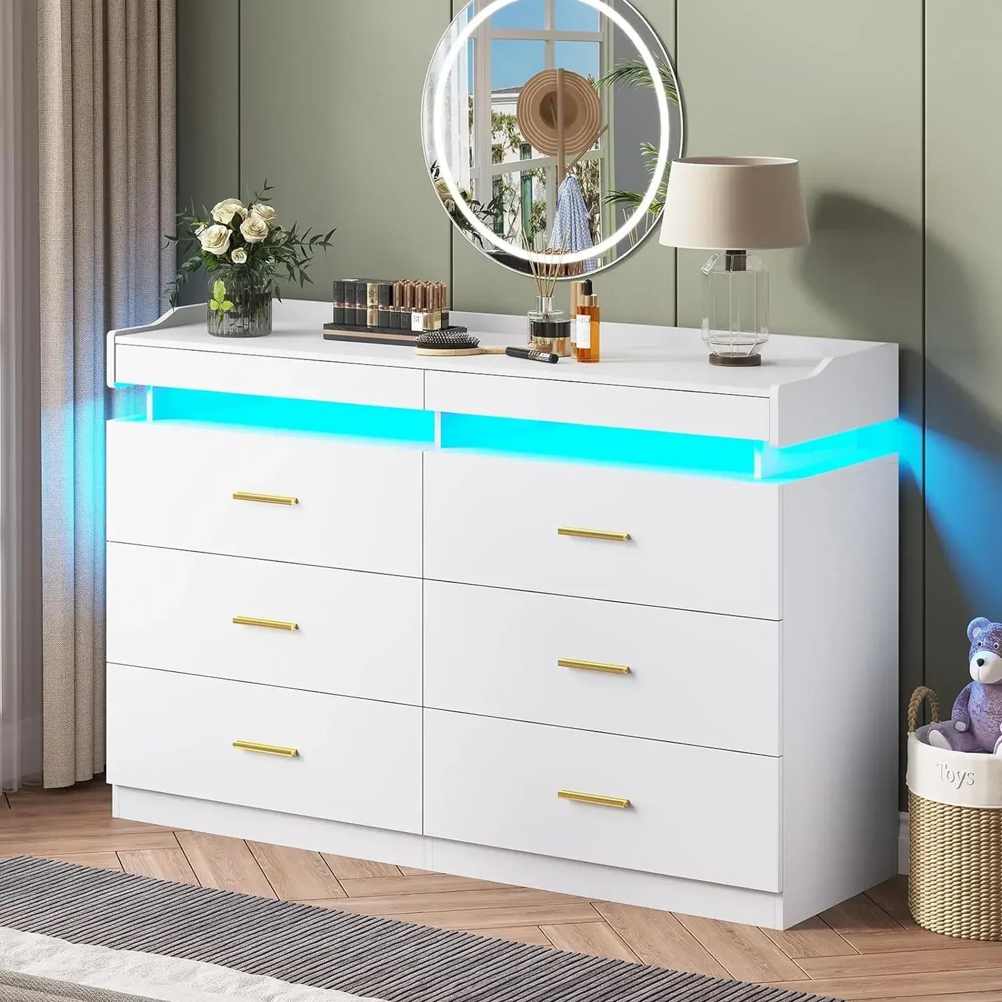 Modern Dresser 9 Wide Drawer Cabinet with LED Light