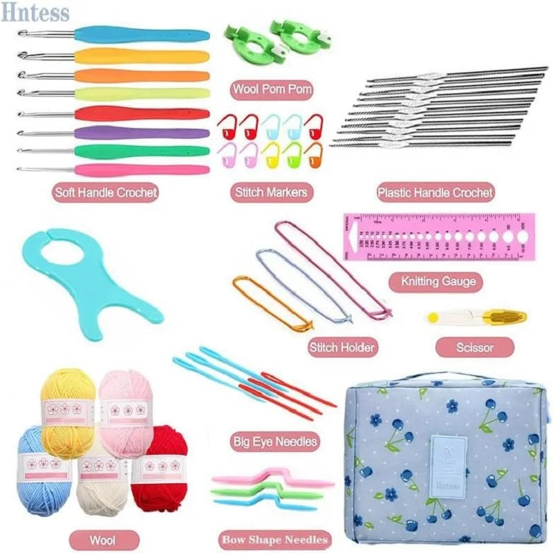 KOVEEN 59Pcs/Set Portable Crochet Knitting Set DIY Beginner Crochet Hook Kit With Storage Bag Material Pack and Storage Tools