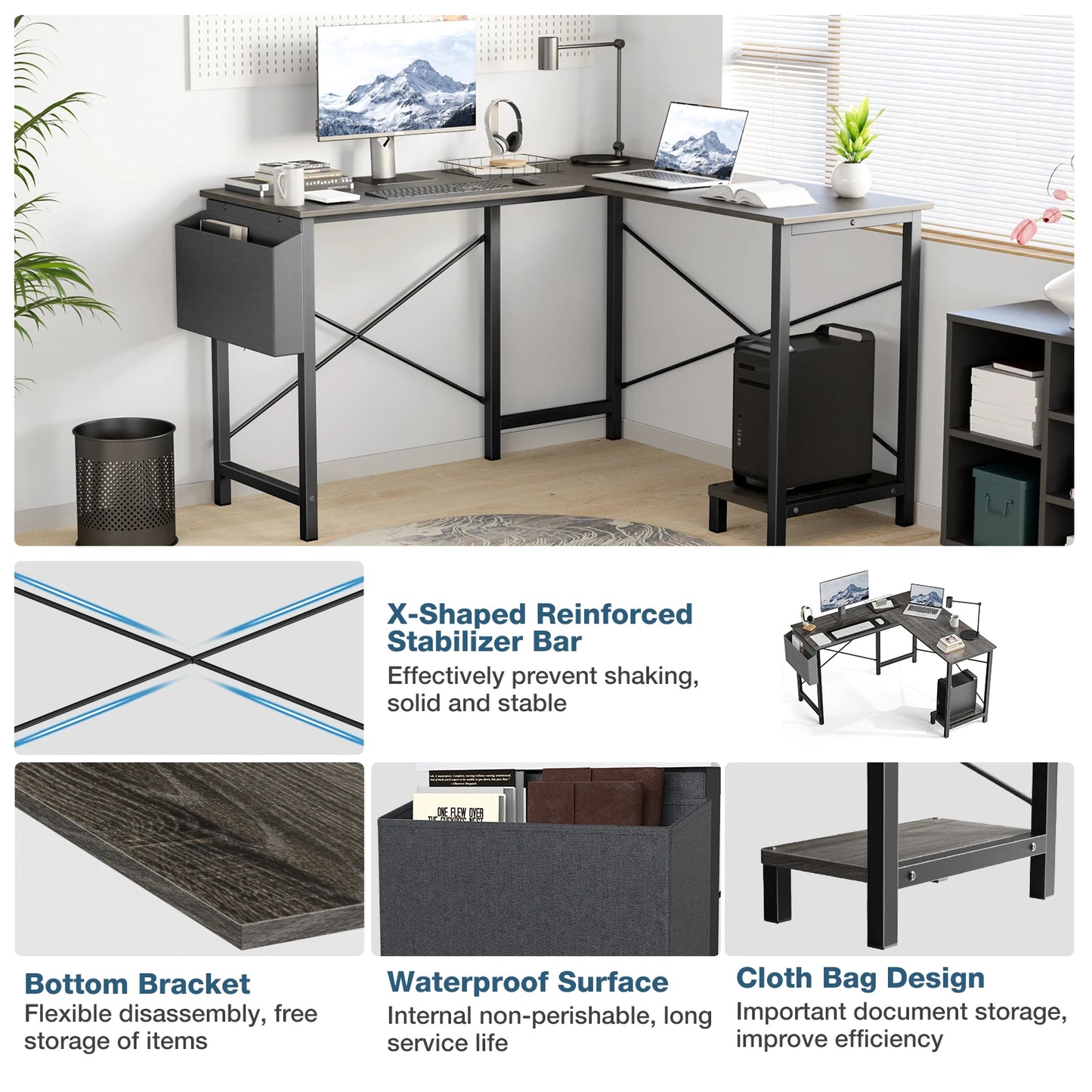 50" Corner Office Wooden Table with CPU Storage Shelf & Side Bag
