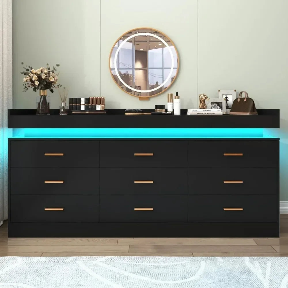 Modern Dresser 9 Wide Drawer Cabinet with LED Light