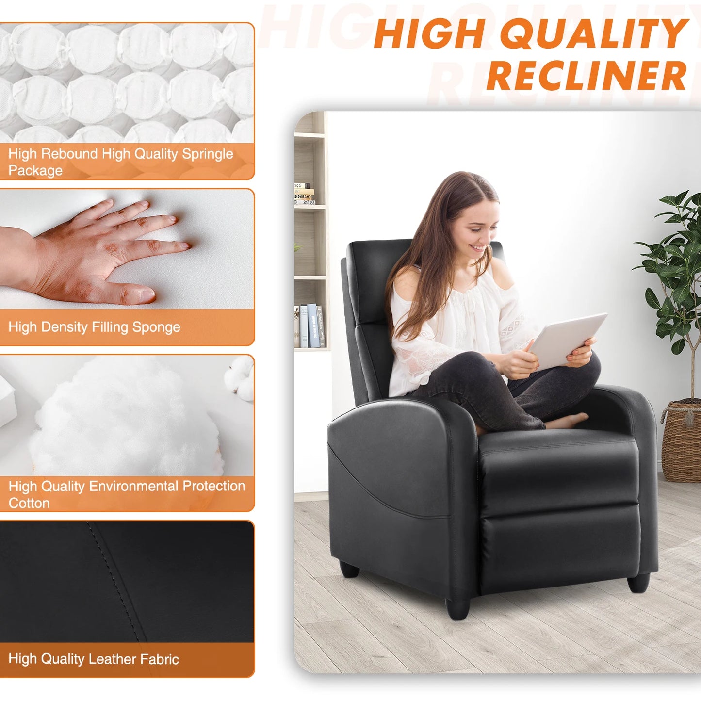 Recliner with Padded Seat Backrest & Massager