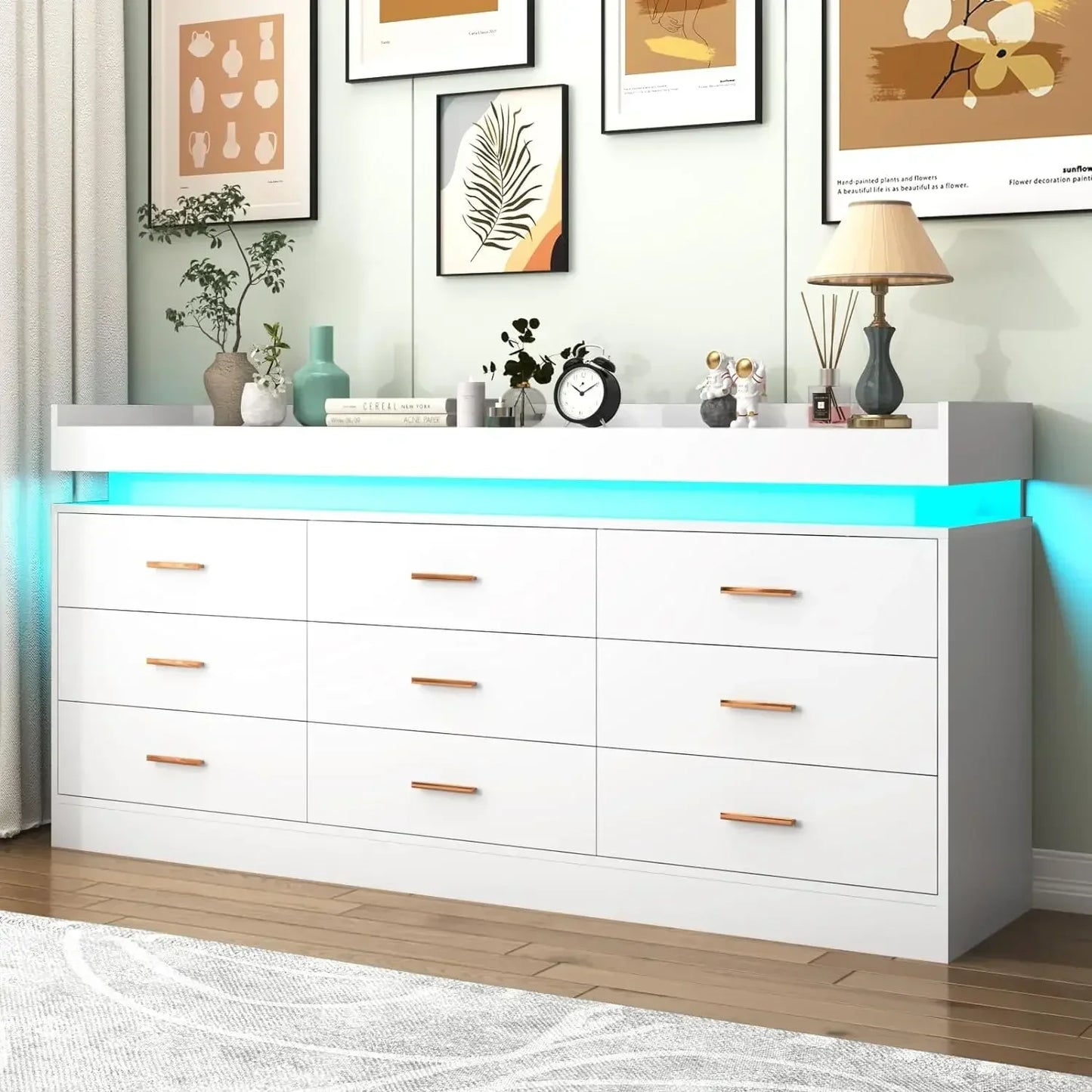 Modern Dresser 9 Wide Drawer Cabinet with LED Light