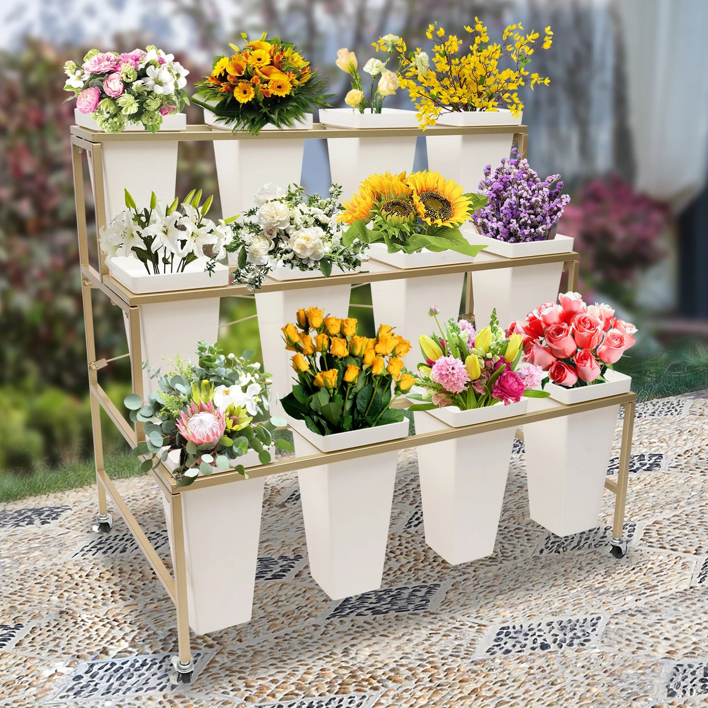 3 Layers White Flower Display Stand with 12 Buckets & Wheel