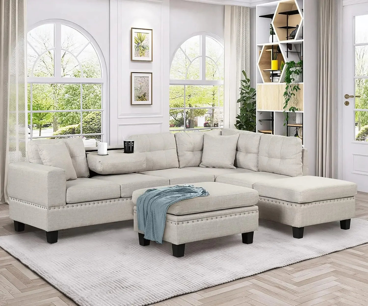 Sectional 5-Seater Sofa,107.5 Inch,with Reversible Chaise,with Ottoman,for Apartment, Living Room, L Shaped Couch