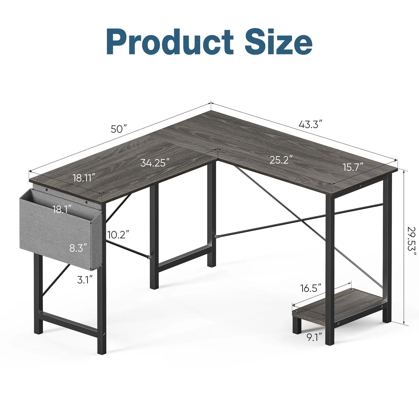 50" Corner Office Wooden Table with CPU Storage Shelf & Side Bag