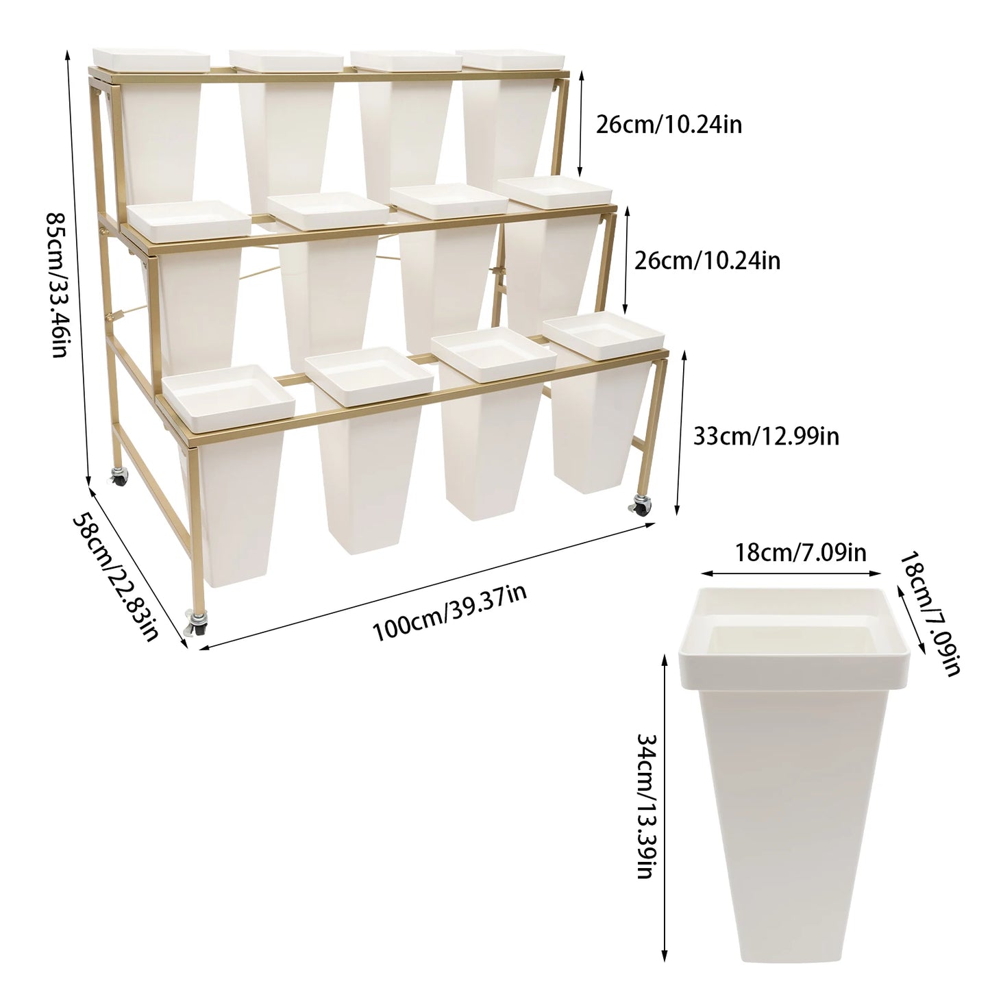 3 Layers White Flower Display Stand with 12 Buckets & Wheel