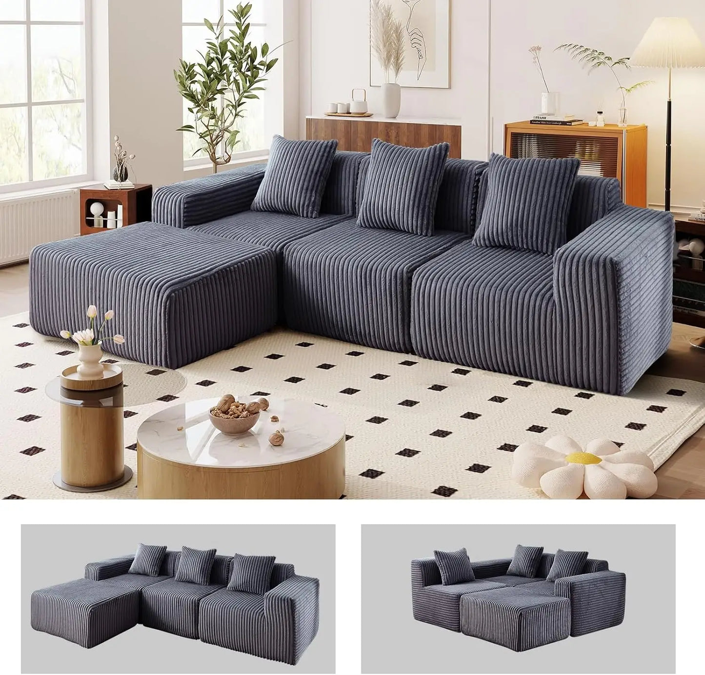 L-Shaped Free Combination Sofa,Couch Corduroy Sectional Sofa 4Seater Corner Couch Deep Seat Floor Sofá for Living Room Apartment