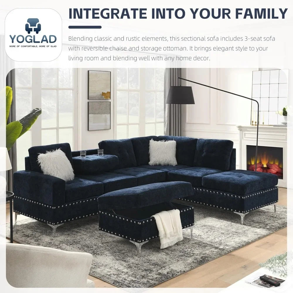 Sectional 5-Seater Sofa,107.5 Inch,with Reversible Chaise,with Ottoman,for Apartment, Living Room, L Shaped Couch