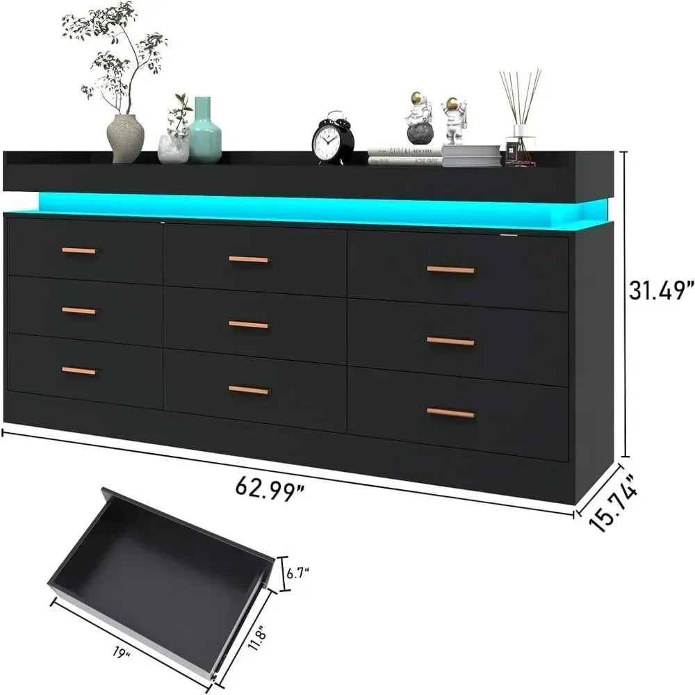 Modern Dresser 9 Wide Drawer Cabinet with LED Light