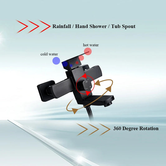 Matte Black Bathroom Shower Faucet Wall Mounted 8" Shower Set Square Rainfall Hot Cold Water Bath Spout