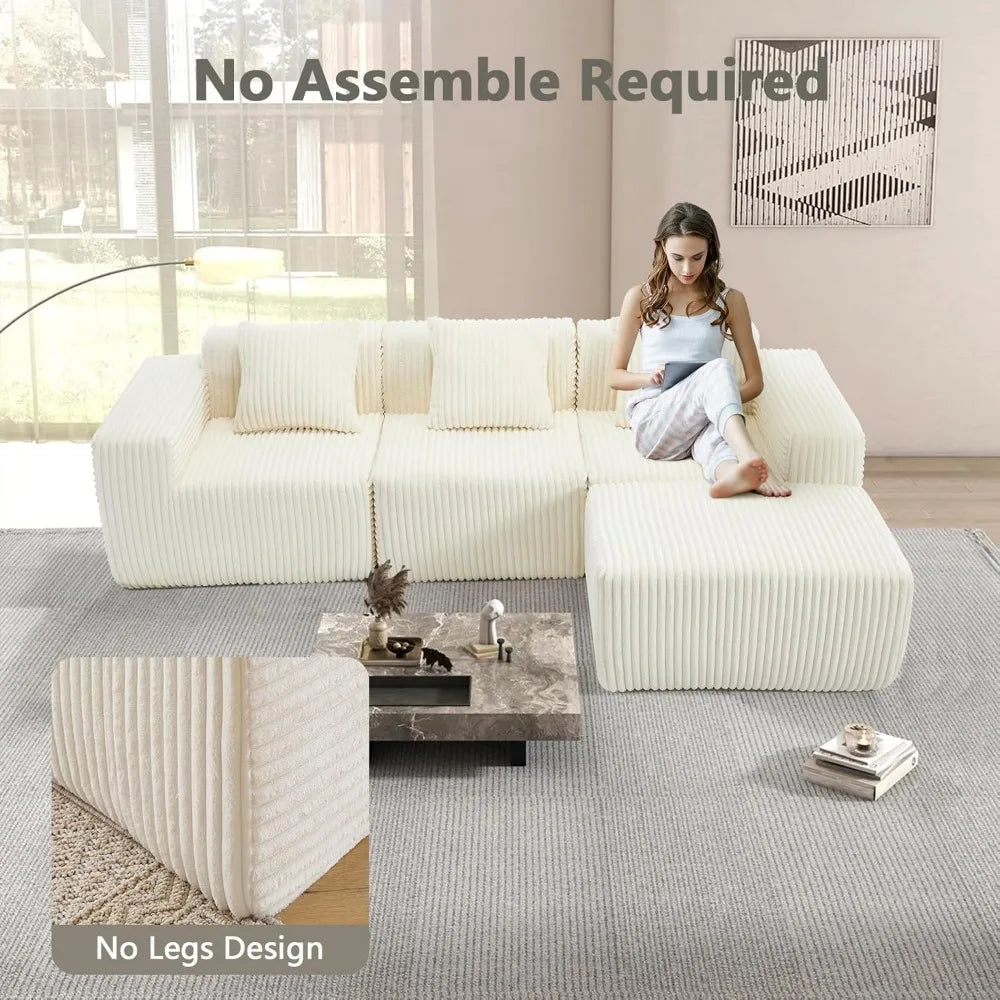 L-Shaped Free Combination Sofa,Couch Corduroy Sectional Sofa 4Seater Corner Couch Deep Seat Floor Sofá for Living Room Apartment