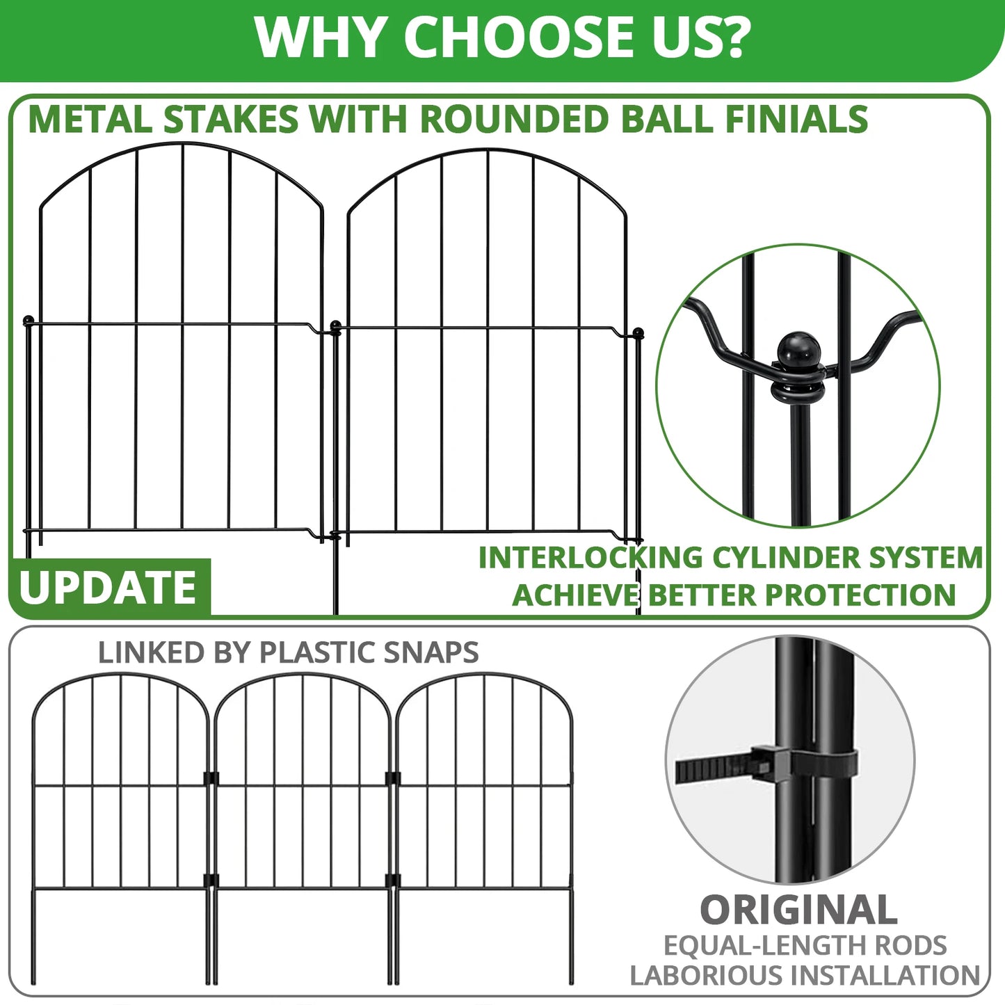 10 PCS, 17in(H) X 10ft(L) Arched No Dig Garden Fence Border with Metal Posts for Small Dog & Rabbit