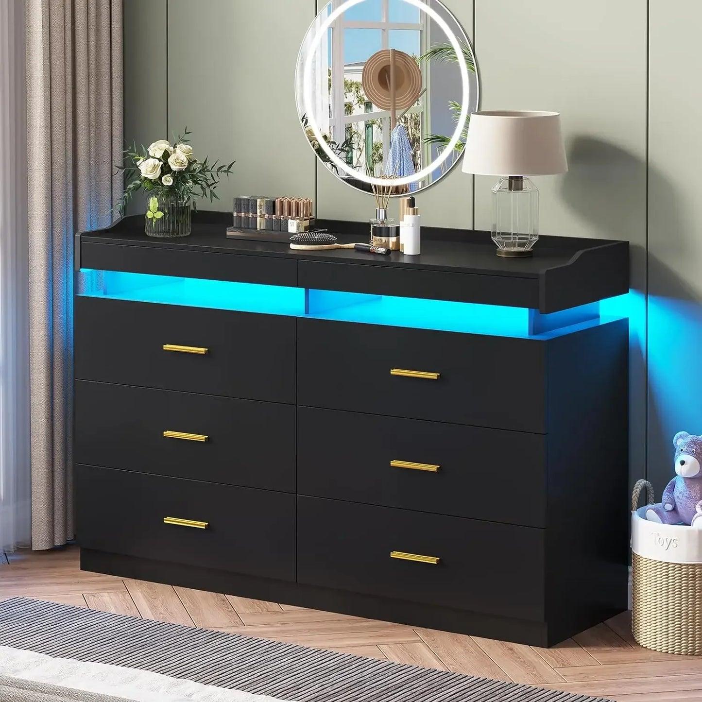 Modern Dresser 9 Wide Drawer Cabinet with LED Light