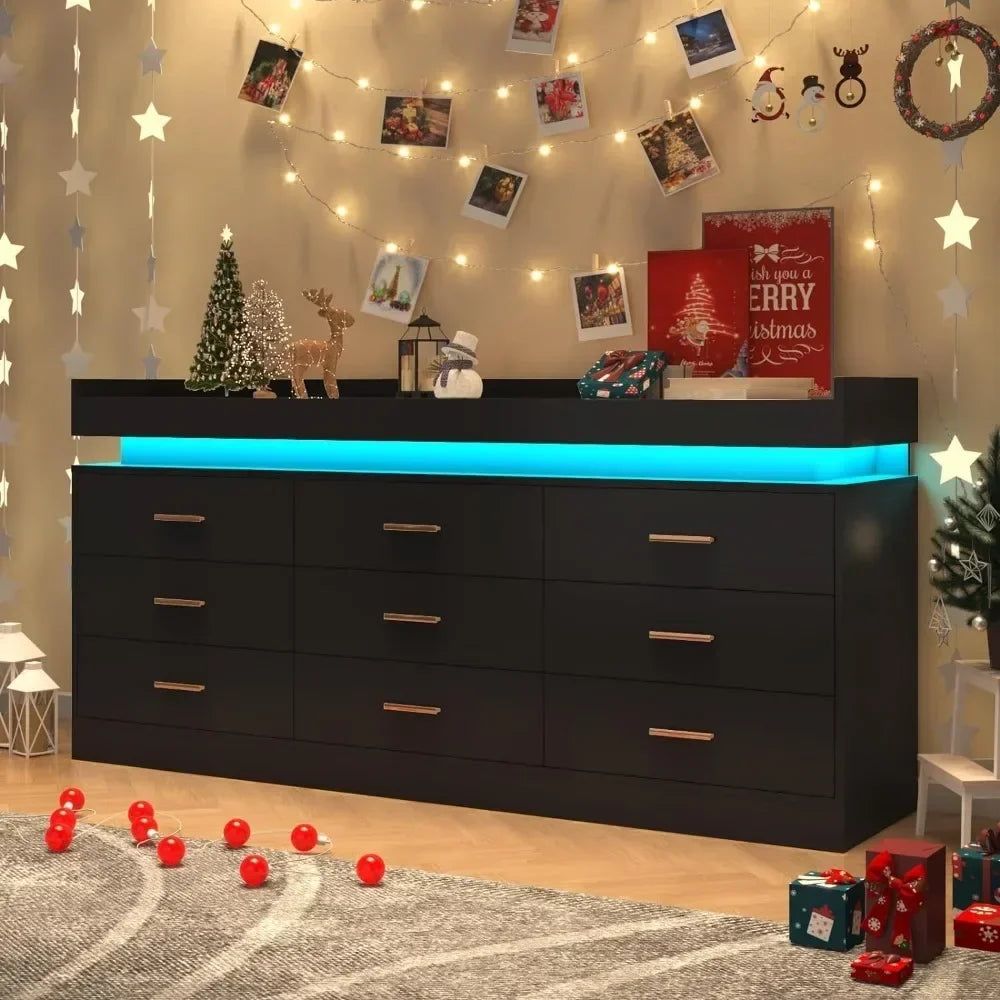 Modern Dresser 9 Wide Drawer Cabinet with LED Light