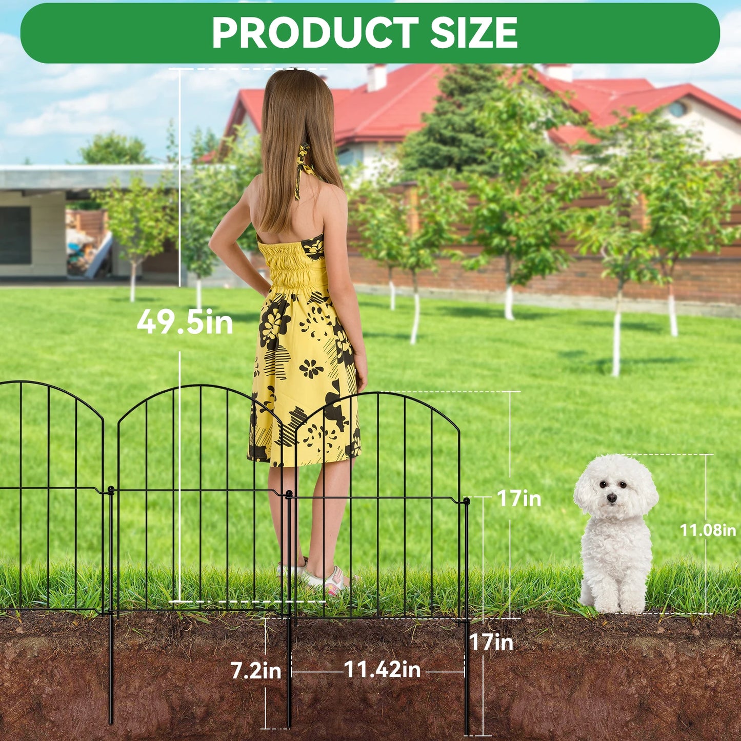 10 PCS, 17in(H) X 10ft(L) Arched No Dig Garden Fence Border with Metal Posts for Small Dog & Rabbit