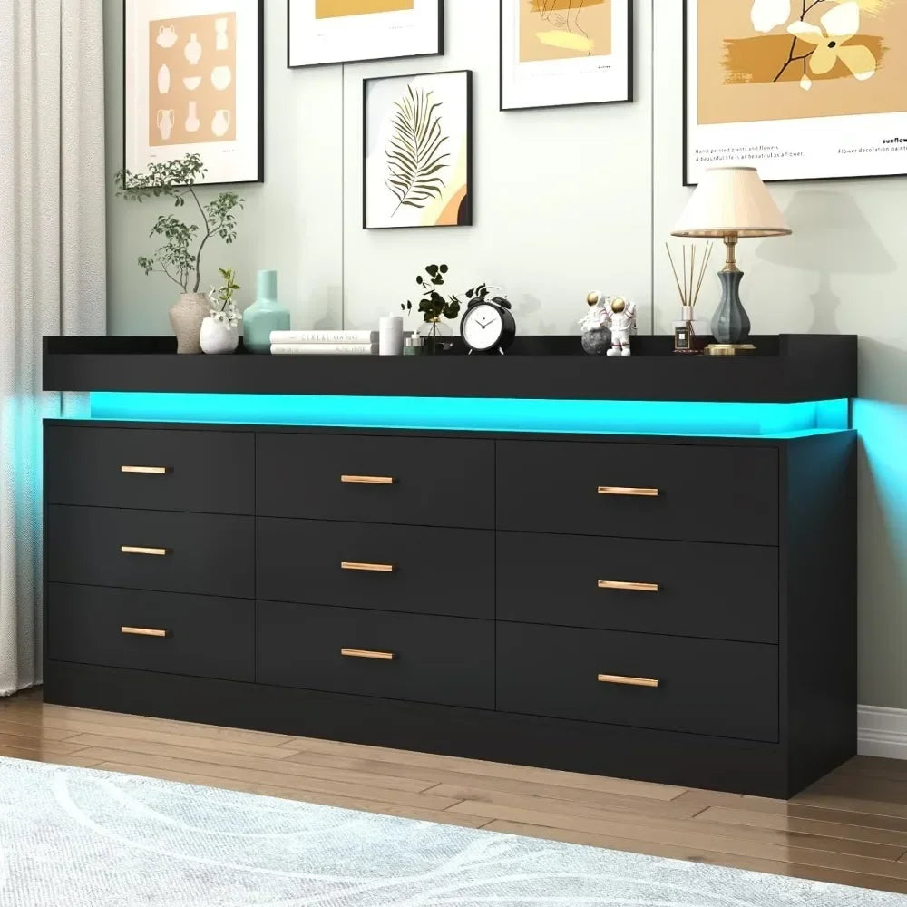 Modern Dresser 9 Wide Drawer Cabinet with LED Light