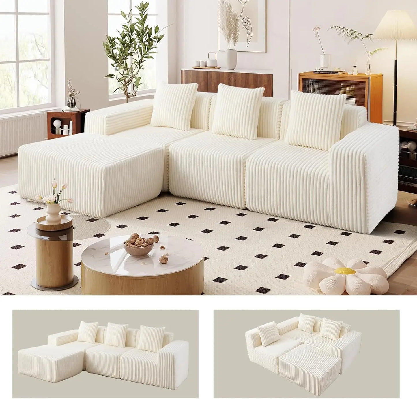 L-Shaped Free Combination Sofa,Couch Corduroy Sectional Sofa 4Seater Corner Couch Deep Seat Floor Sofá for Living Room Apartment