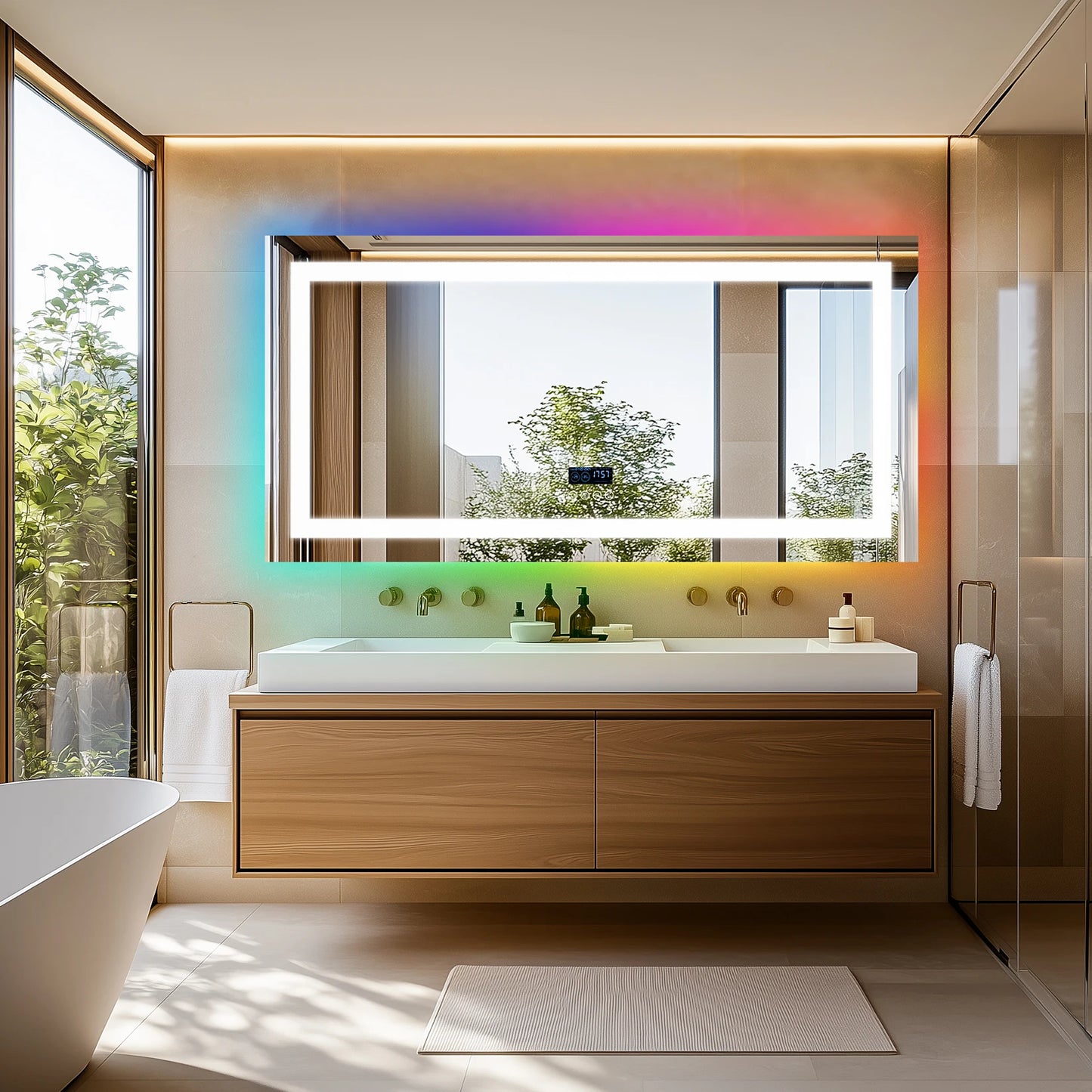 LED Lighted Bathroom Mirror with Bluetooth Speaker Smart LED Vanity Makeup Wall Mounted Mirrors 3 Lights Setting Anti-Fog RBG