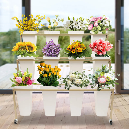 3 Layers White Flower Display Stand with 12 Buckets & Wheel