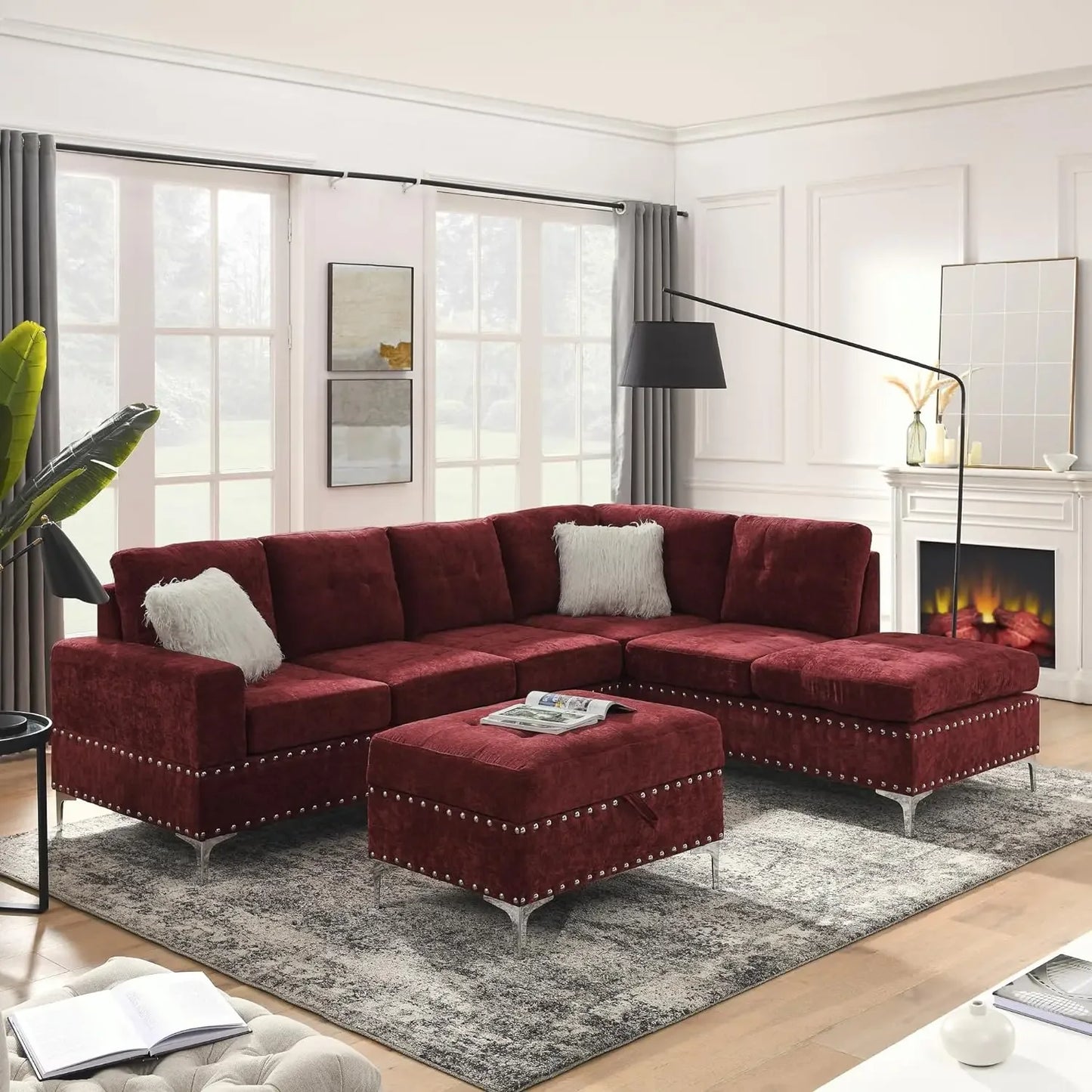 Sectional 5-Seater Sofa,107.5 Inch,with Reversible Chaise,with Ottoman,for Apartment, Living Room, L Shaped Couch