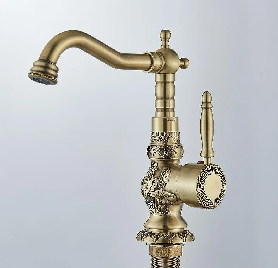 POIQIHY Basin Faucets Antique Brass Faucet Basin Carving Tap Rotation Single Handle Tap Mixer Taps Bathroom Vessel Sink Faucet