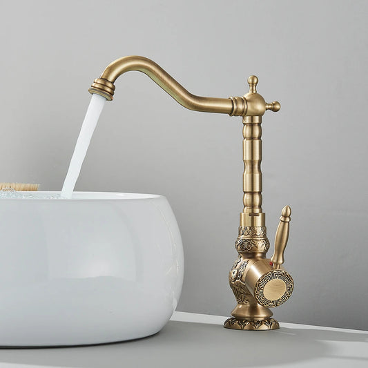 POIQIHY Basin Faucets Antique Brass Faucet Basin Carving Tap Rotation Single Handle Tap Mixer Taps Bathroom Vessel Sink Faucet