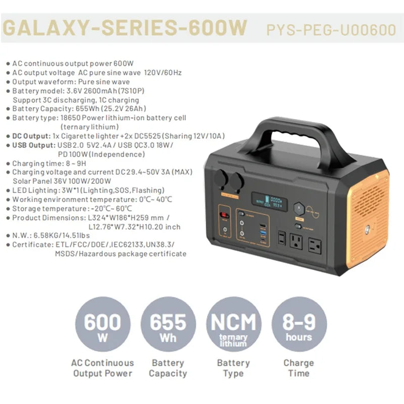 655Wh 600W Portable Generator Power Station 120V/60HZ AC Outlets