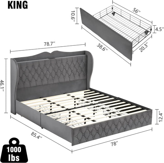 Velvet Upholstered Bed Frame, with 4 Drawers and Charging Station