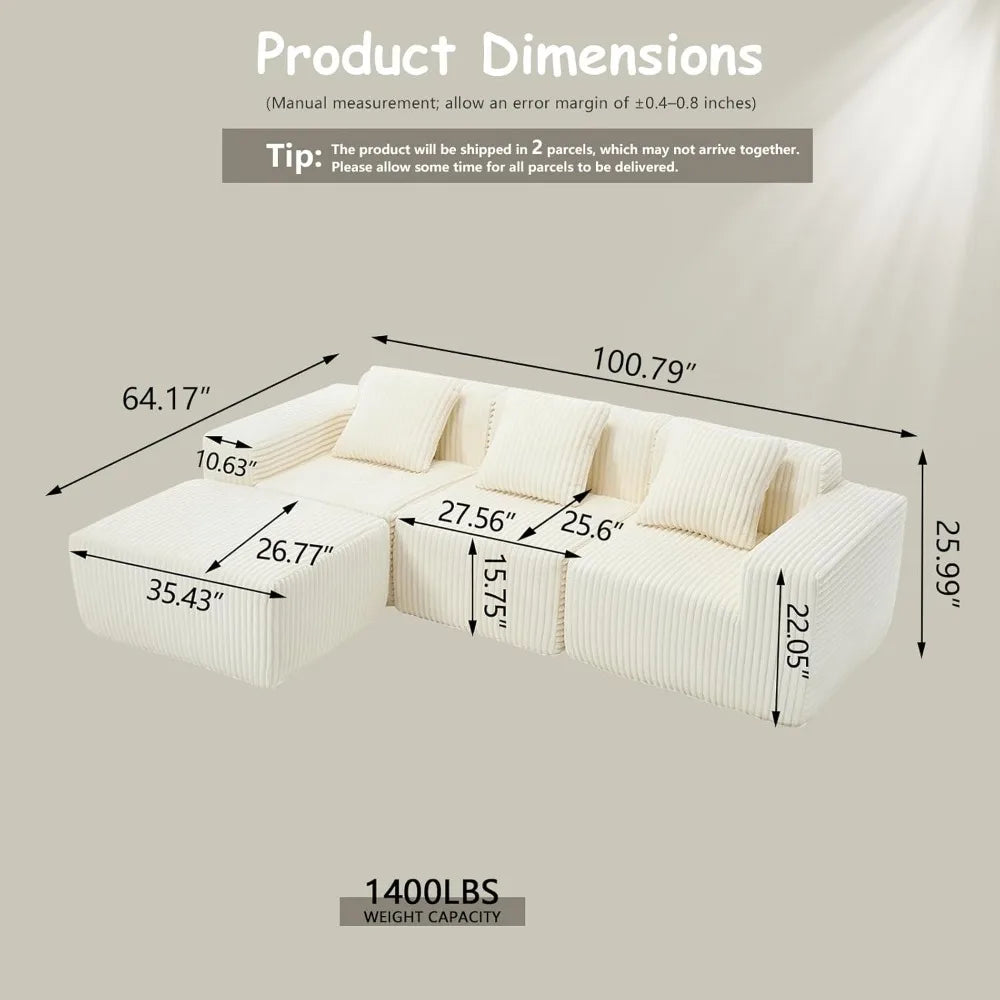 L-Shaped Free Combination Sofa,Couch Corduroy Sectional Sofa 4Seater Corner Couch Deep Seat Floor Sofá for Living Room Apartment
