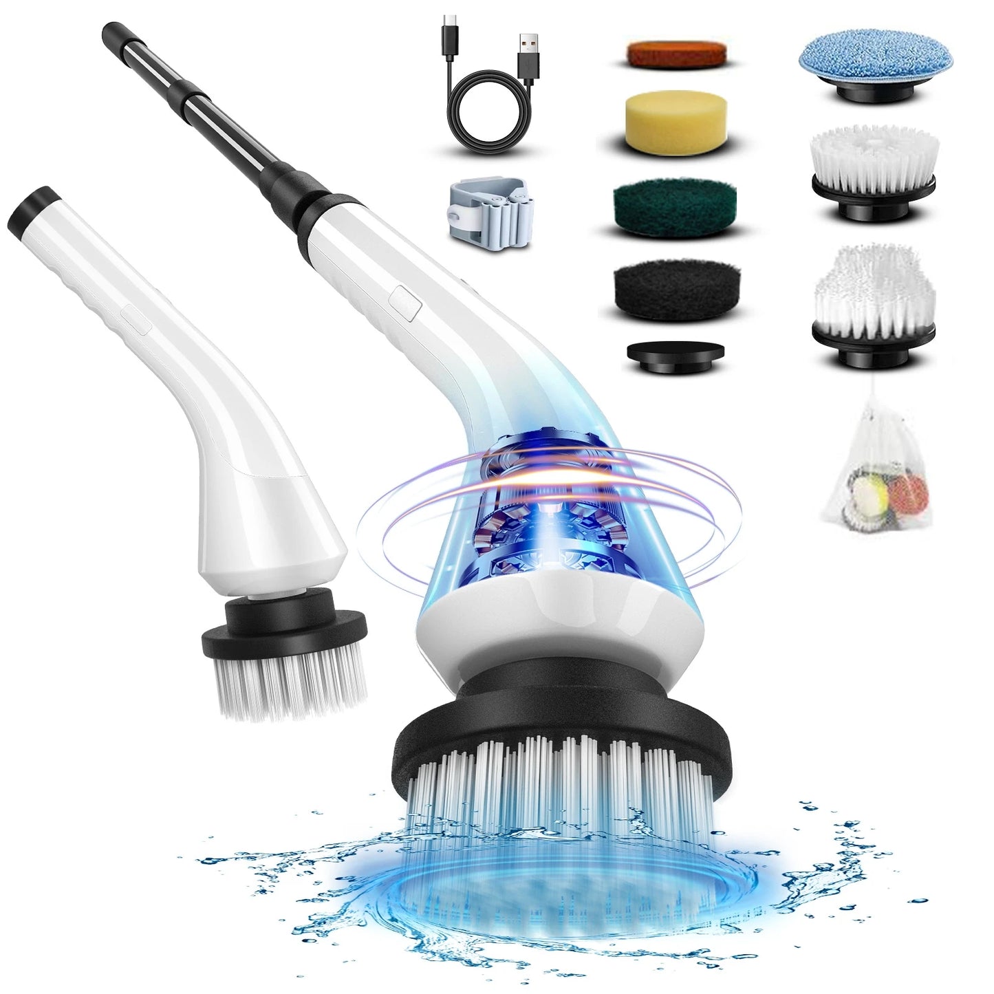 Electric scrubber with 8 Replaceable Brush Heads & Detachable Extension Handle