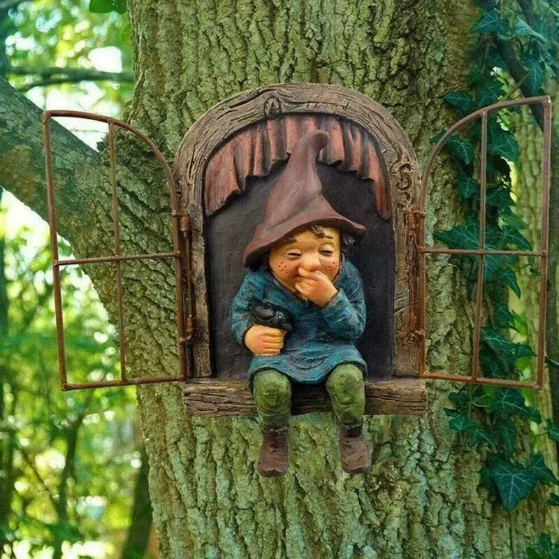 Garden Gnome Statue Elf Out Tree Hugger