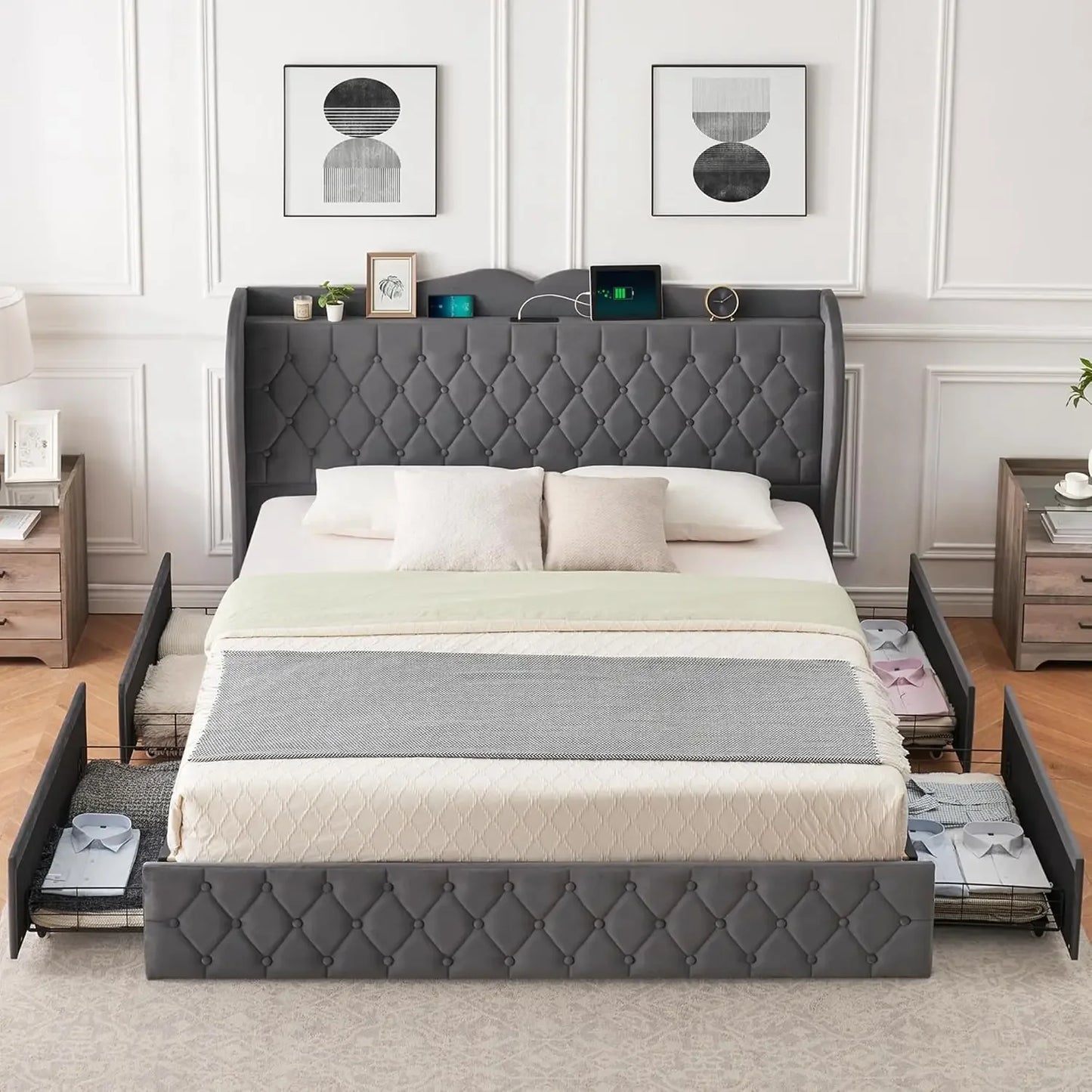 Velvet Upholstered Bed Frame, with 4 Drawers and Charging Station