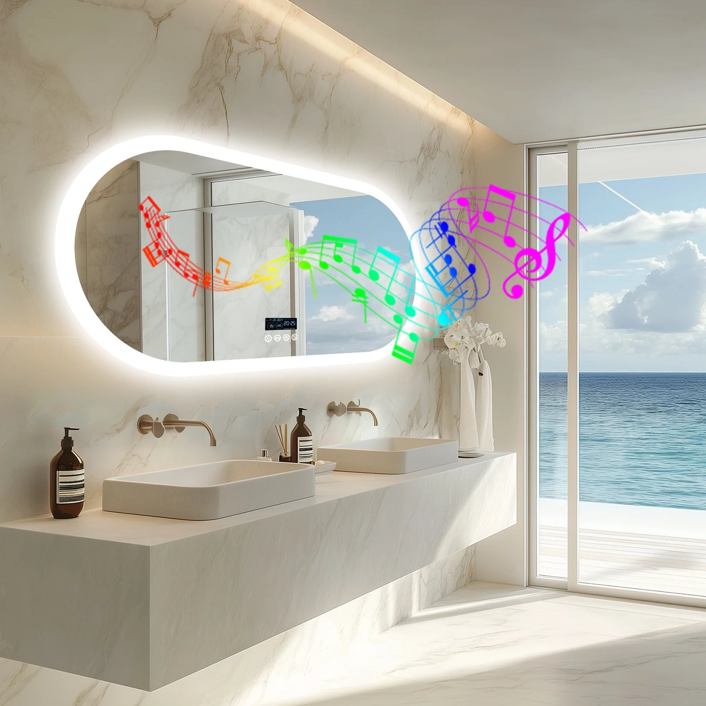 LED Lighted Bathroom Mirror with Bluetooth Speaker Smart LED Vanity Makeup Wall Mounted Mirrors 3 Lights Setting Anti-Fog RBG